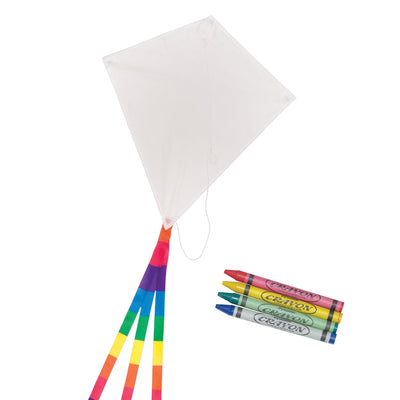 A Diamond Coloring Kite features a classic diamond shape, white weather-resistant fabric for coloring, and 78-inch rainbow tails for added flair.