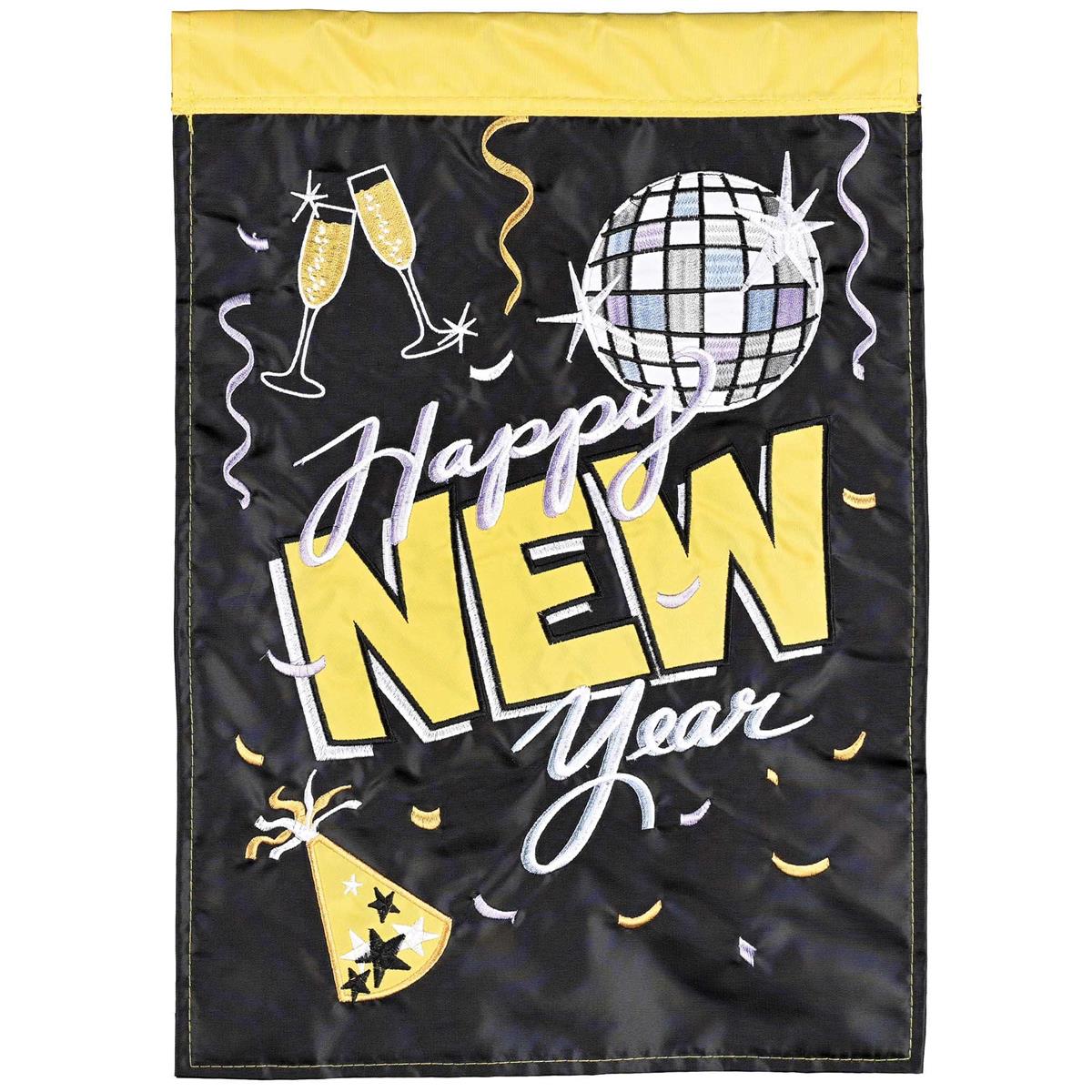 Disco Ball Happy New Year Garden Flag measuring 13x18 inches, featuring vibrant colors and double-sided embroidery designs, displayed in a lush garden.