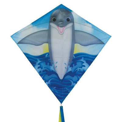 Dolphin 30 inch Diamond Kite soaring in the sky featuring a bright dolphin design, three color-coordinated tails stretching behind it.