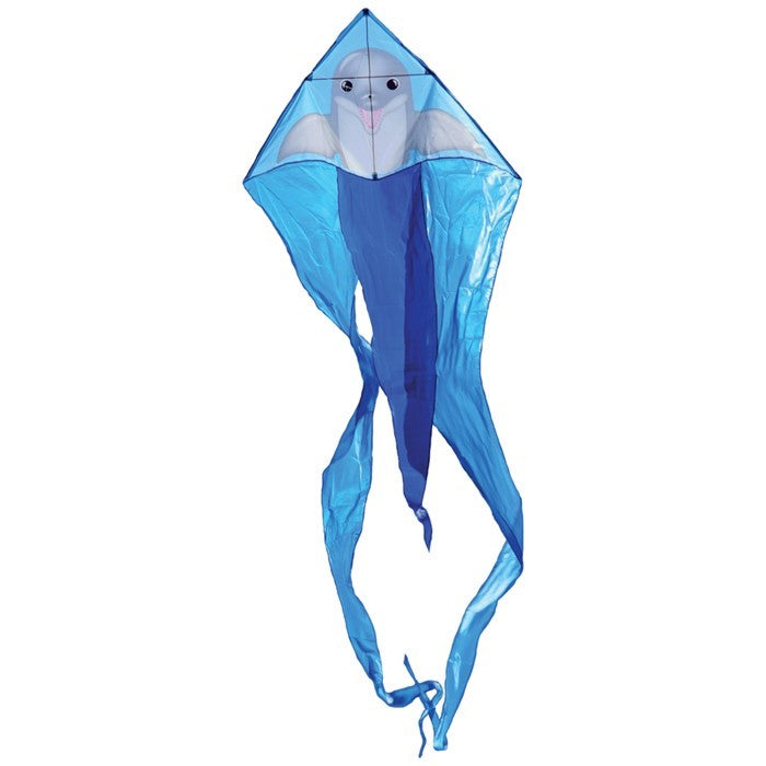Dolphin 52" Wave Delta Kite flying high with colorful dolphin design and long tails against a clear blue sky.