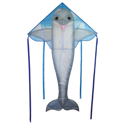 Dolphin 45-inch Fly-Hi Kite flying high in a blue sky, featuring a vibrant dolphin design and colorful streamer tails.