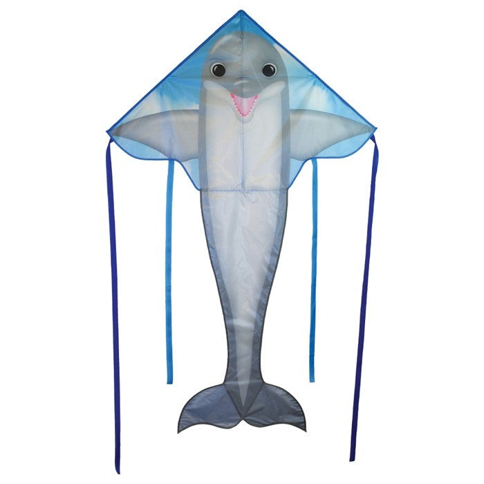 Dolphin 45-inch Fly-Hi Kite flying high in a blue sky, featuring a vibrant dolphin design and colorful streamer tails.