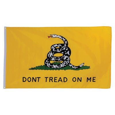 This Don't Tread On Me 3x5 Grommet Flag features a detailed Gadsden rattlesnake design. Ideal for outdoor display, showcasing American pride and freedom.