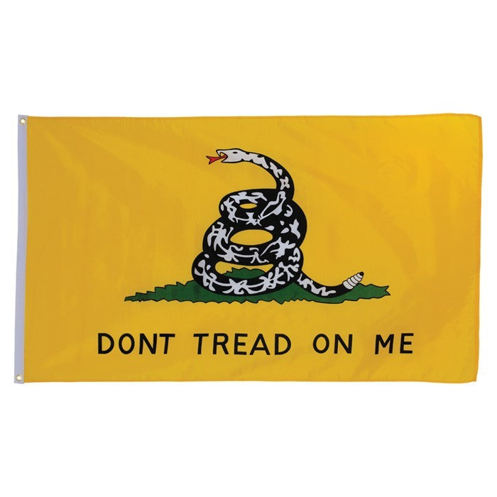 This Don't Tread On Me 3x5 Grommet Flag features a detailed Gadsden rattlesnake design. Ideal for outdoor display, showcasing American pride and freedom.