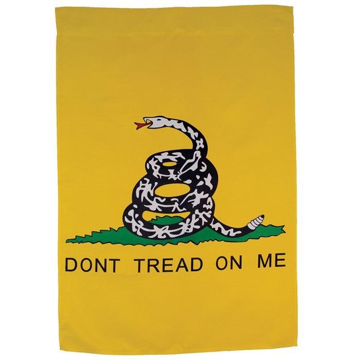 Don't Tread on Me Lustre House Banner in vibrant colors, showcasing Gadsden snake design, double-sided for clear visibility in outdoor settings.