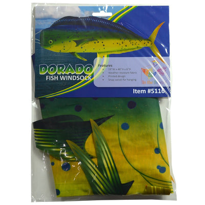 Dorado 48-Inch Fish Windsock with a colorful fish design displayed outdoors fluttering in the breeze near a boat dock.