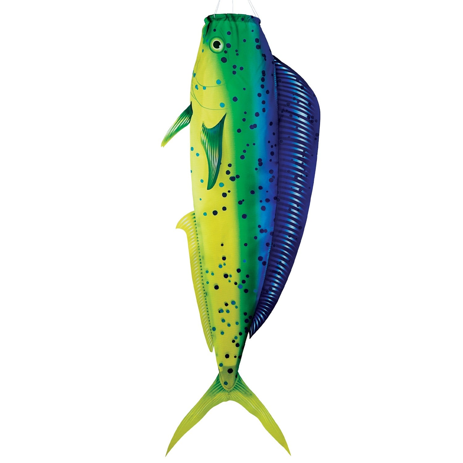 Dorado 48-Inch Fish Windsock with a colorful fish design displayed outdoors fluttering in the breeze near a boat dock.