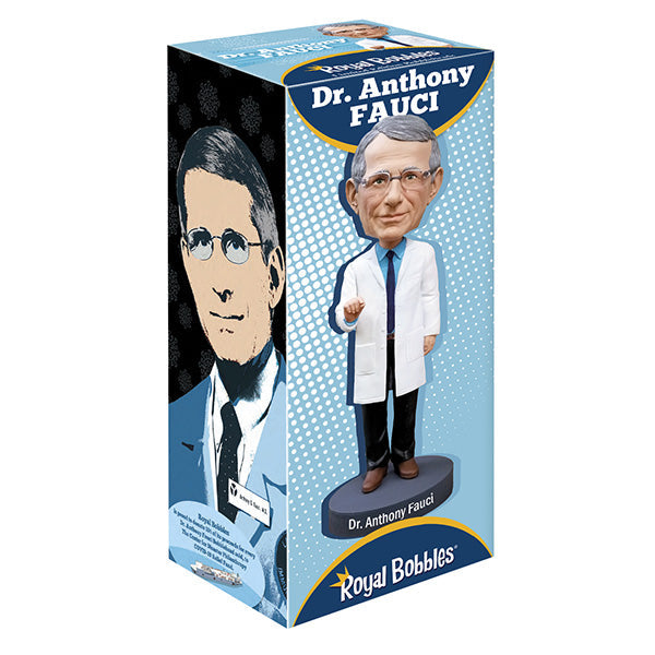 Dr. Anthony Fauci Bobblehead, over 8 inches tall, featuring detailed likeness, displayed on a desk with a vibrant box in the background.