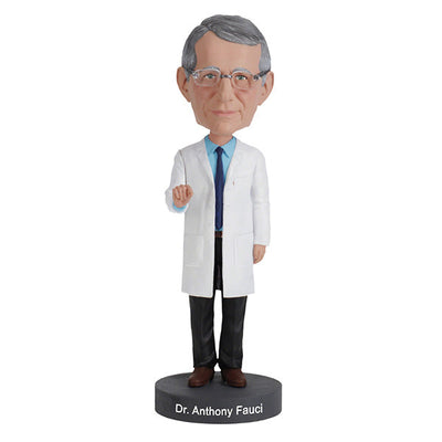 Dr. Anthony Fauci Bobblehead, over 8 inches tall, featuring detailed likeness, displayed on a desk with a vibrant box in the background.