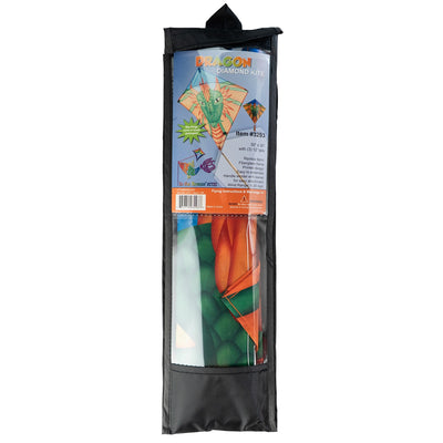 Dragon 30 inch diamond kite with colorful dragon design soaring in clear blue sky, featuring three long tails for stability.