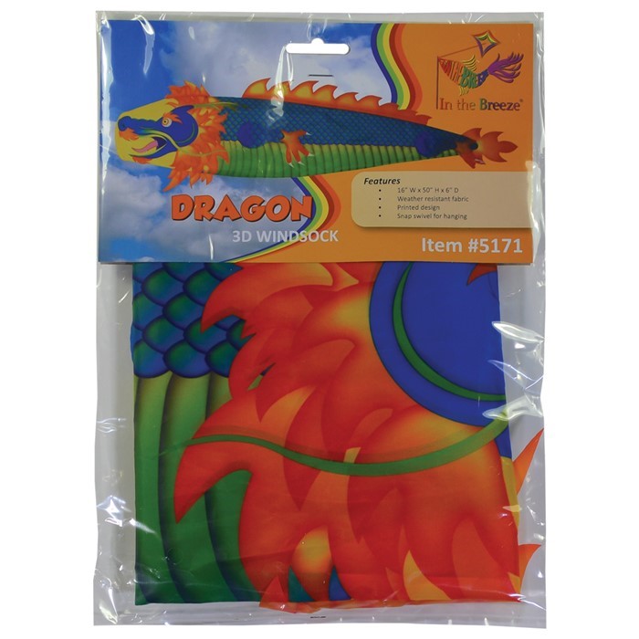 Colorful Dragon 50 inch 3D Windsock flying in the wind, showcasing vibrant dragon design in an outdoor garden setting.