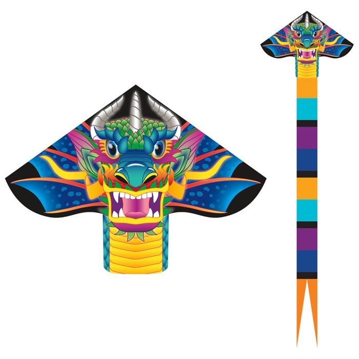 Dragon Delta XLT Kite with vibrant dragon design soaring against a blue sky, showing off its ripstop nylon sail on a fiberglass frame.