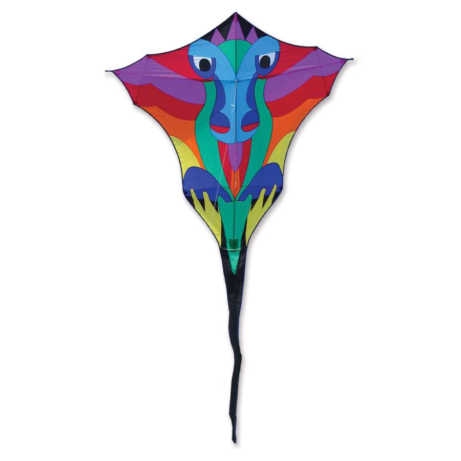Dragon Diamond Kite featuring vibrant dragon artwork, measuring 65 x 226 inches, displayed soaring in a clear blue sky during a kite festival.
