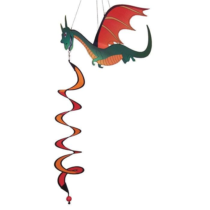 Dragon Theme Twister with moveable wings and colorful design spinning in the breeze, hung in a vibrant garden setting.