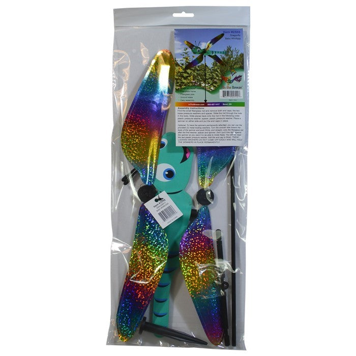 Colorful Dragonfly Baby Whirligig garden decoration with reflective mylar wings, spinning in the breeze, designed to add charm to outdoor spaces.