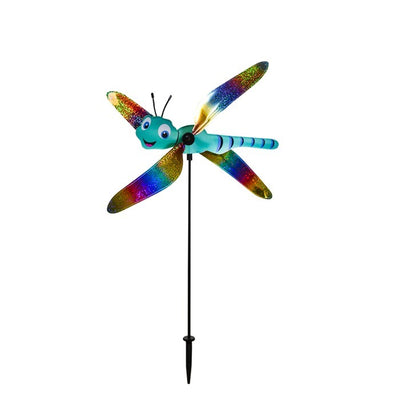 Colorful Dragonfly Baby Whirligig garden decoration with reflective mylar wings, spinning in the breeze, designed to add charm to outdoor spaces.