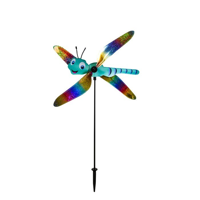 Colorful Dragonfly Baby Whirligig garden decoration with reflective mylar wings, spinning in the breeze, designed to add charm to outdoor spaces.