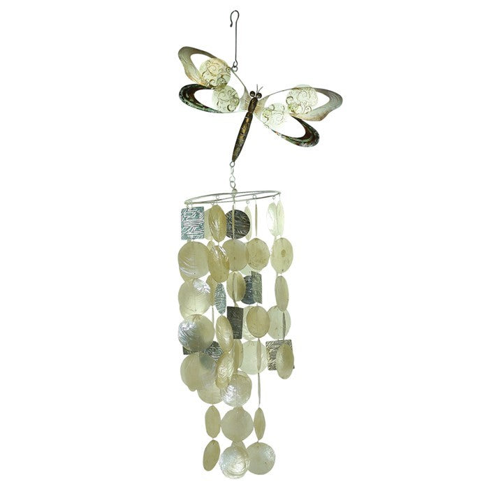 Dragonfly Capiz Breeze Wind Chime hanging in a garden; features iridescent shells and textured metal for striking visual appeal and sound.