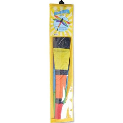 Dragonfly Kite measuring 58 x 44 inches with colorful design soaring against a blue sky during outdoor playtime.