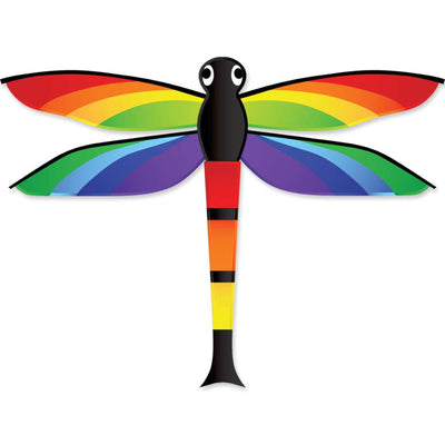 Dragonfly Kite measuring 58 x 44 inches with colorful design soaring against a blue sky during outdoor playtime.