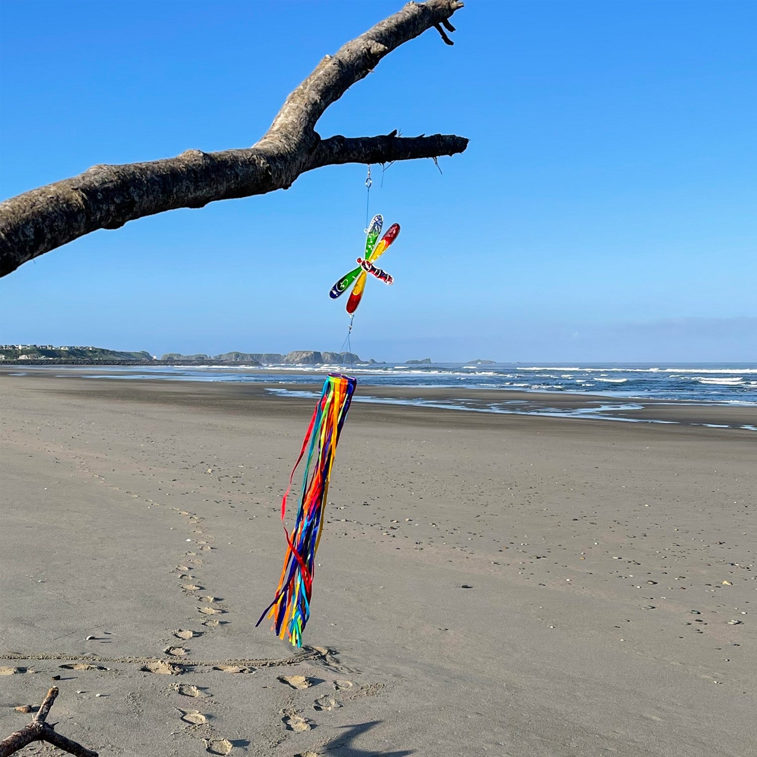 Visual description of the Dragonfly & Ribbon Windsock showcasing rainbow satin ribbons cascading from a decorative dragonfly ornament, adding color and motion to any garden space.