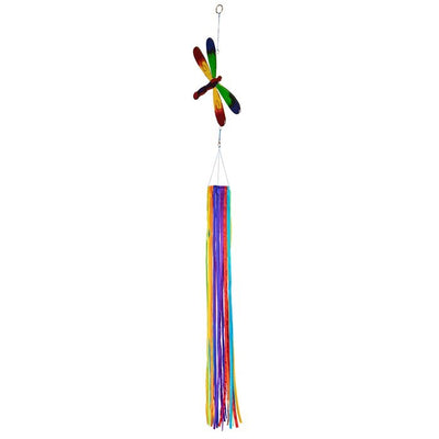 Visual description of the Dragonfly & Ribbon Windsock showcasing rainbow satin ribbons cascading from a decorative dragonfly ornament, adding color and motion to any garden space.