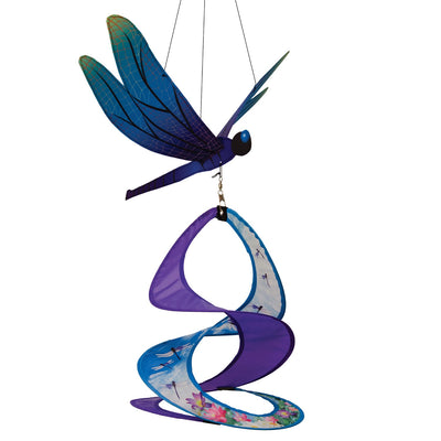 The Dragonfly Theme Duet features a vibrant, multi-colored design with spinning dragonflies that sway and move, creating visual interest in outdoor settings.