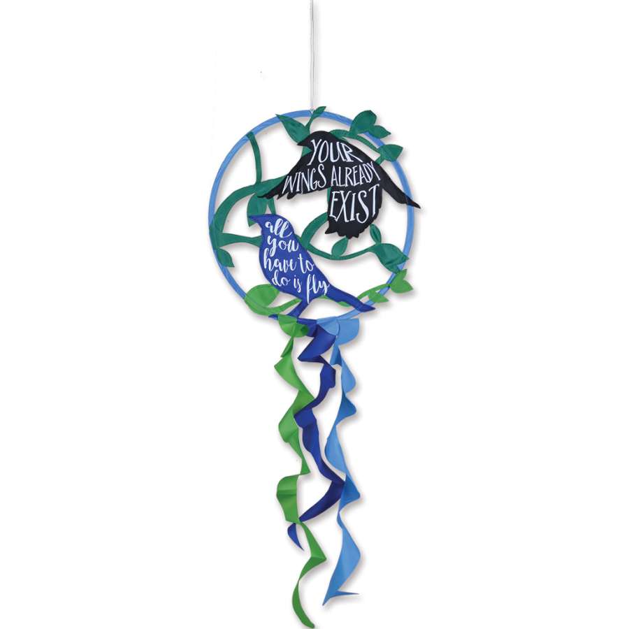 Vibrant Dreamcatcher - Birds design with 15-inch hoop and 18-inch tails displayed outdoors, featuring the uplifting message about flying free.