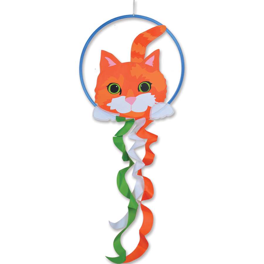 Dreamcatcher - Cat edition featuring vibrant cat designs and 18-inch flowing tails, elegantly hanging on a porch in a breezy outdoor setting.