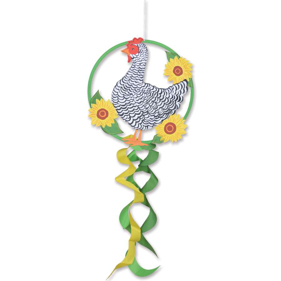Dreamcatcher - Chicken featuring a colorful chicken design hanging in a garden with 18-inch tails fluttering in the breeze.