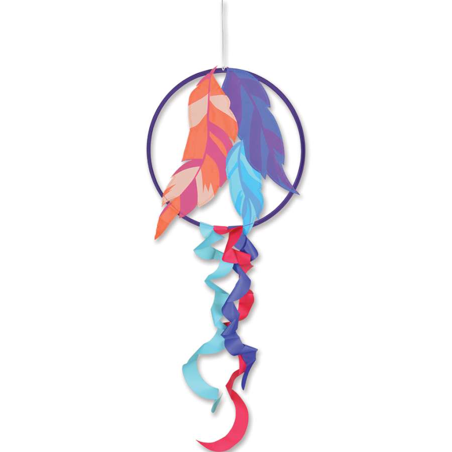 Dreamcatcher - Feathers with colorful fabric and flowing tails hanging gracefully on a porch, perfect for outdoor decoration.