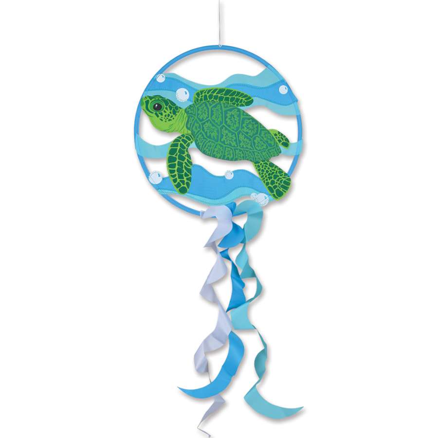 Dreamcatcher - Sea Turtle with vibrant sea turtle design displayed outdoors, swaying gently in the breeze attached to a hook.