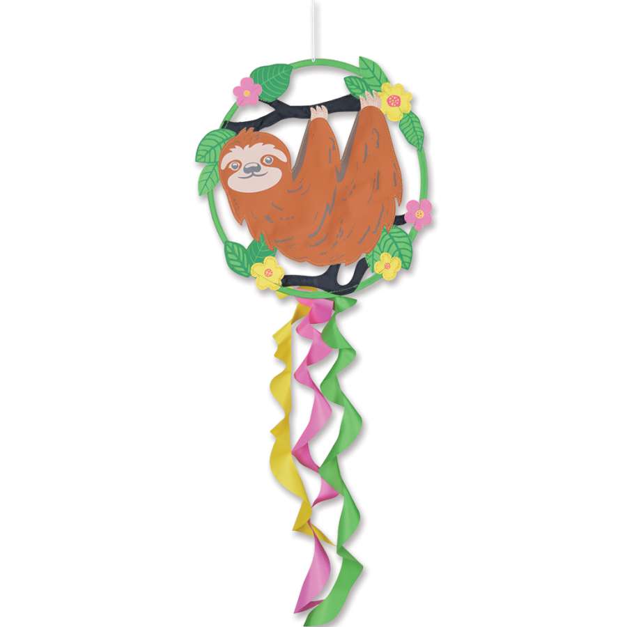 Dreamcatcher - Sloth featuring a colorful sloth design and flowing tails, hanging beautifully from an outdoor hook in a sunny garden setting.