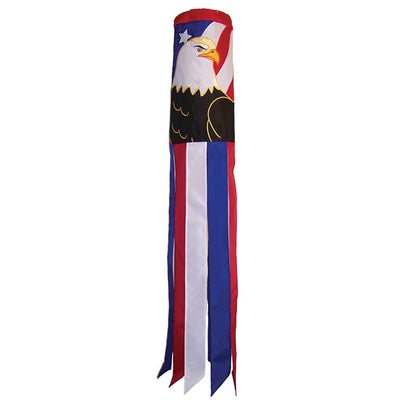 Eagle 40-inch windsock displaying vibrant red, white, and blue colors with applique design and coordinating tails fluttering in the breeze.