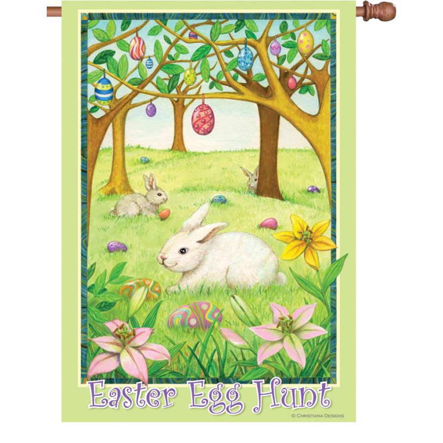 28 in. Easter Egg Hunt flag showcasing colorful egg designs, fluttering in a garden, printed on soft PremierSoft fabric for double-sided visibility.