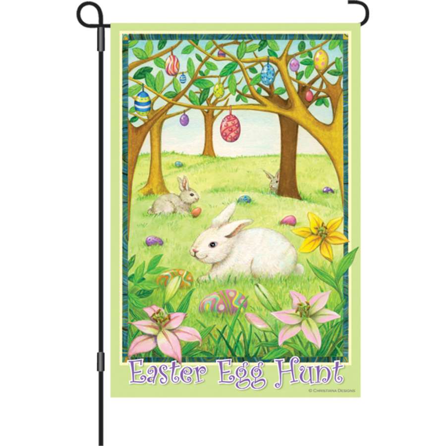 12 in. Easter Egg Hunt garden flag made of PremierSoftTM fabric, featuring colorful designs displayed in a sunny outdoor setting.
