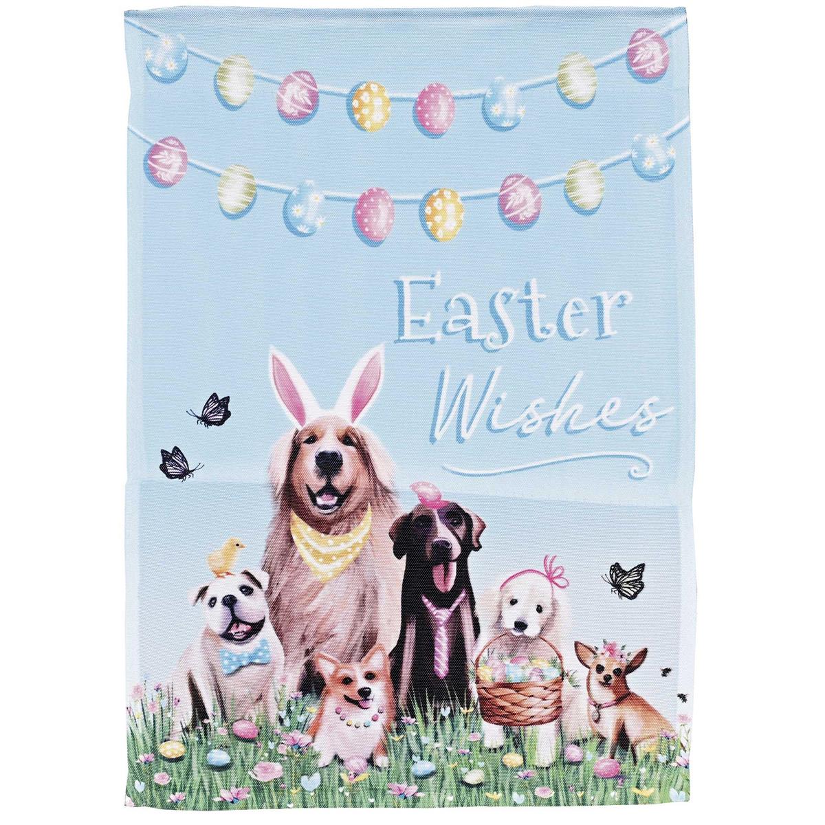 Easter Wishes garden flag measuring 13x18 inches featuring bright, colorful designs displayed in an outdoor setting with sunlight filtering through.