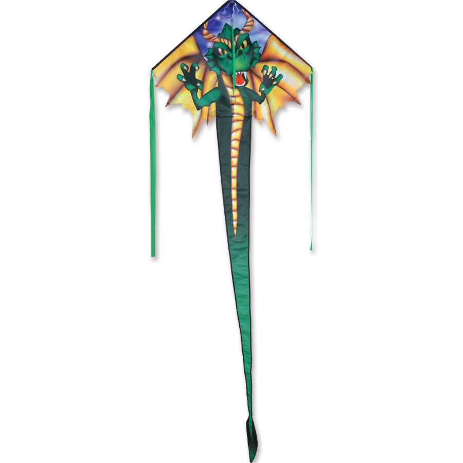 Easy Flyer Kite - Emerald Dragon measuring 30 x 90 inches soaring in the sky, featuring a vibrant dragon design, perfect for family outdoor fun.