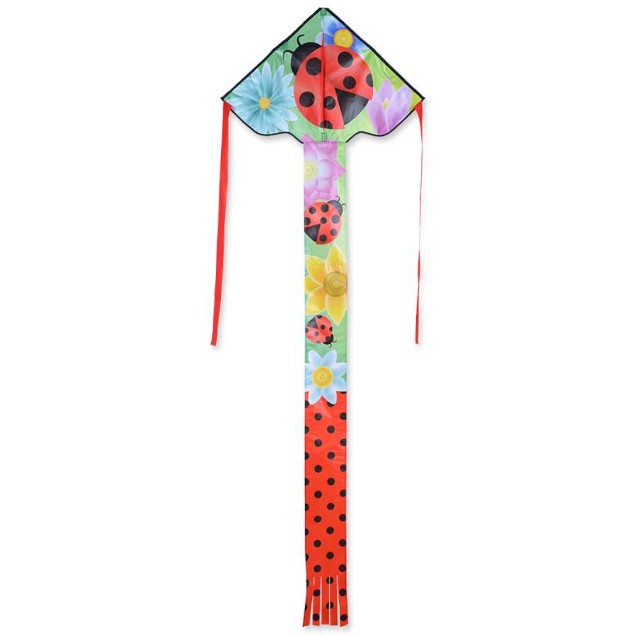 Easy Flyer Kite - Ladybug design soaring against a clear blue sky, measuring 30x90 inches, ideal for family outdoor activities.