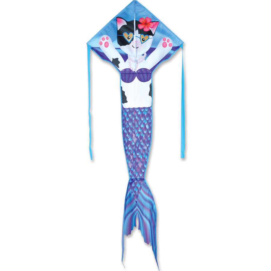 The Easy Flyer Kite - Purrmaid features vibrant colors and appliques, measuring 30 x 90 inches, soaring high against a clear sky.