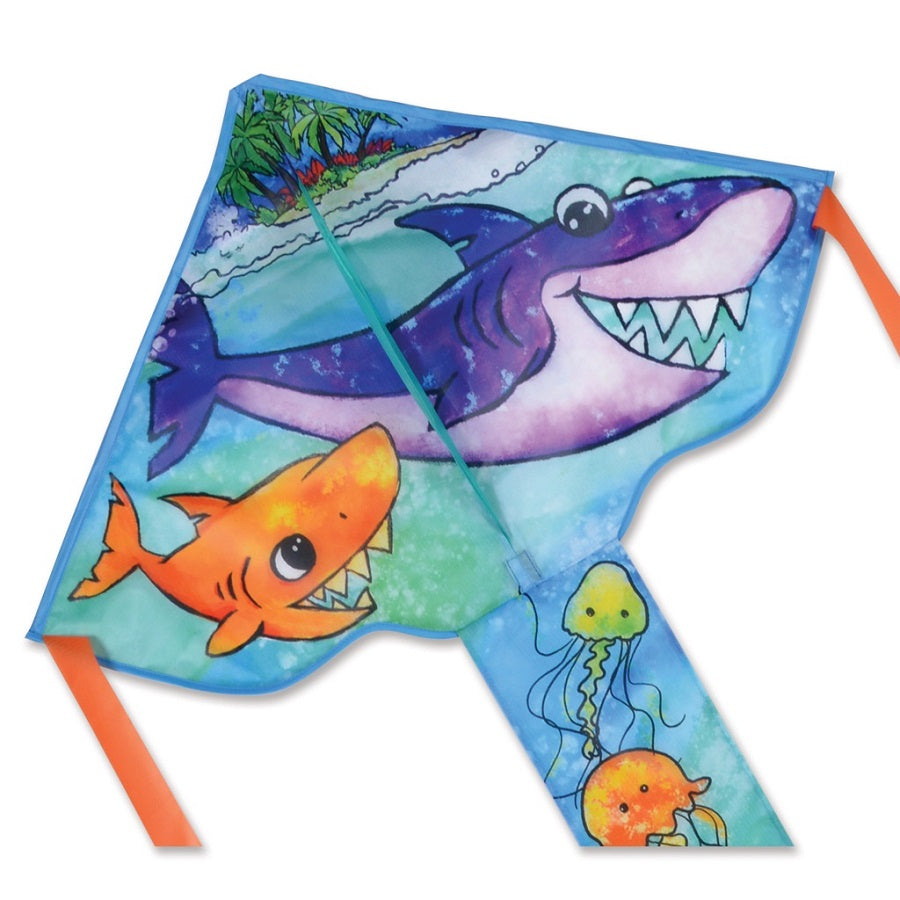 Easy Flyer Kite - Shark Family, measuring 48x22 inches, showcasing a colorful shark family design, soaring gracefully against a blue sky.