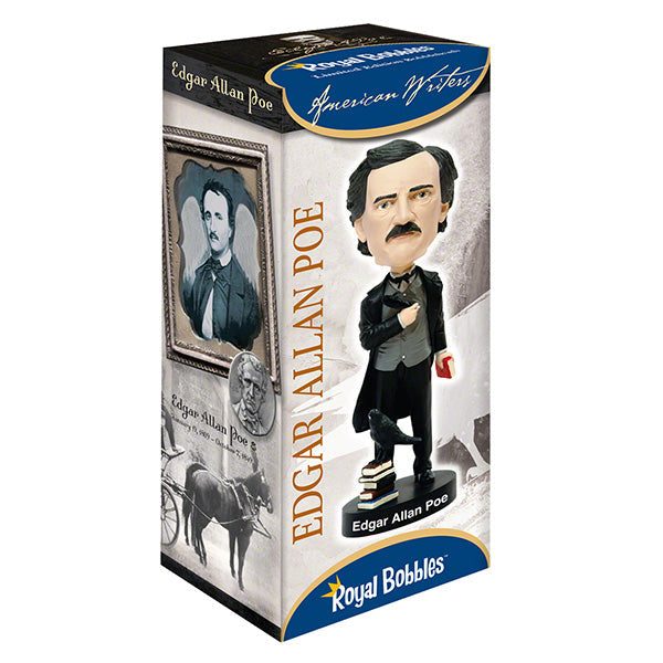 Edgar Allan Poe bobblehead standing 7 inches tall, featuring intricate details and dark attire, displayed on a desk with classic literature in the background.