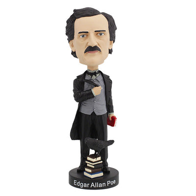 Edgar Allan Poe bobblehead standing 7 inches tall, featuring intricate details and dark attire, displayed on a desk with classic literature in the background.