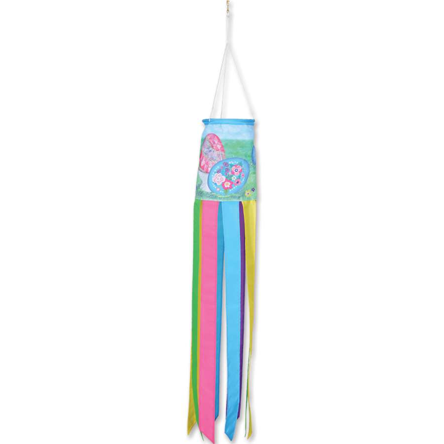 Elegant Easter Eggs windsock, colorful and vibrant, hanging outdoors, showcasing a traditional design with decorated egg patterns.