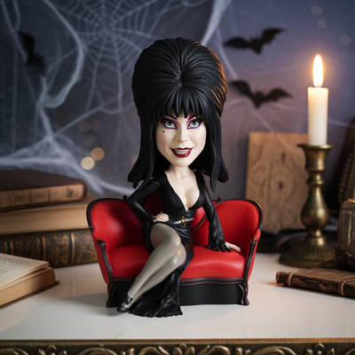Elvira Lounge Bobblehead featuring the Mistress of the Dark in her signature black gown, set on a decorative display stand.