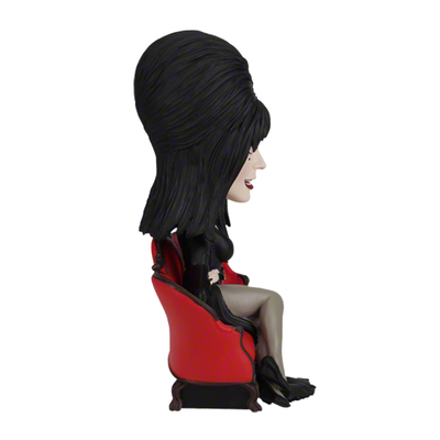 Elvira Lounge Bobblehead featuring the Mistress of the Dark in her signature black gown, set on a decorative display stand.