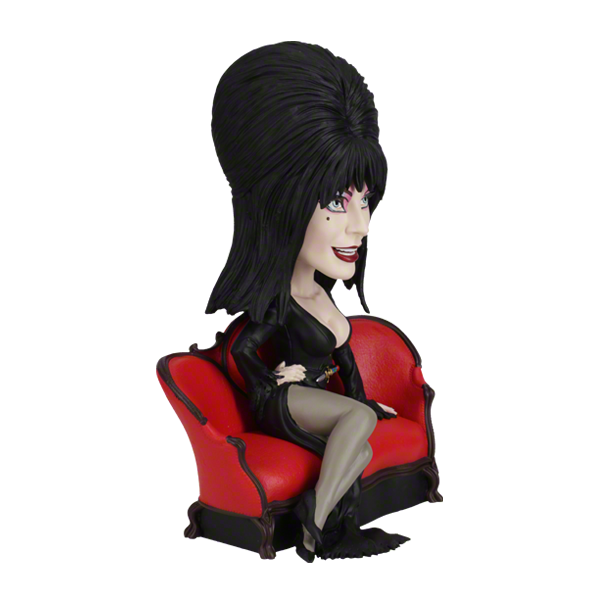 Elvira Lounge Bobblehead featuring the Mistress of the Dark in her signature black gown, set on a decorative display stand.