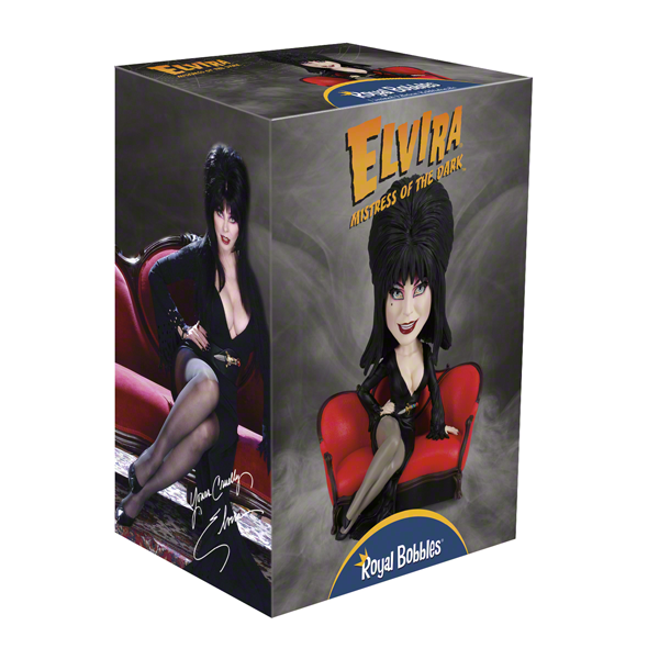 Elvira Lounge Bobblehead featuring the Mistress of the Dark in her signature black gown, set on a decorative display stand.