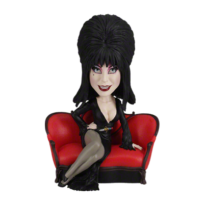 Elvira Lounge Bobblehead featuring the Mistress of the Dark in her signature black gown, set on a decorative display stand.