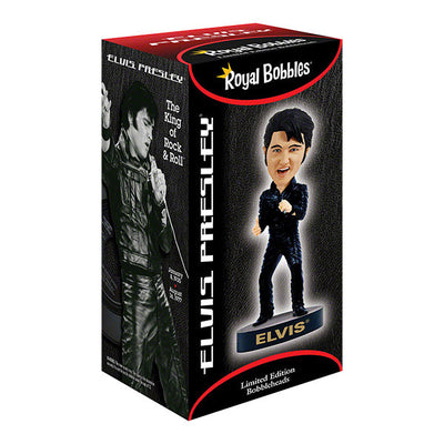 Elvis Presley '68 Comeback Special Bobblehead in black leather outfit, expertly hand-painted, displayed on a shelf against a colorful background.